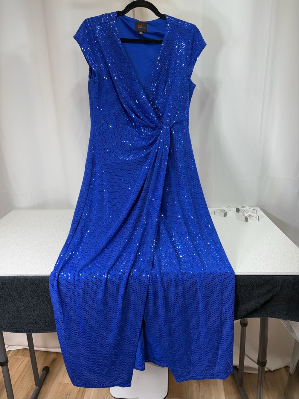 Sequin Faux-Wrap Maxi Dress in Electric Blue 3927
